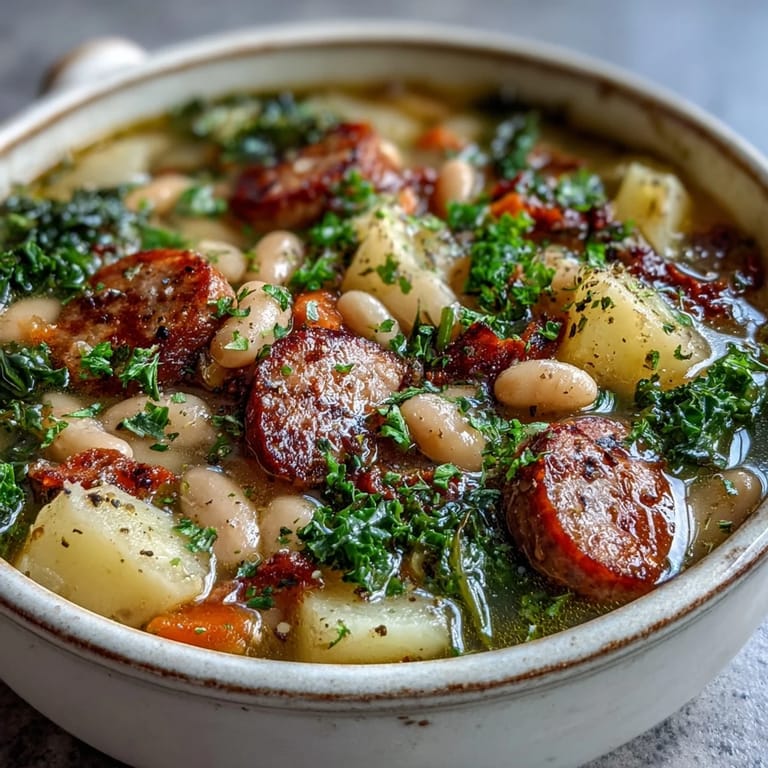 Hearty Tuscan White Bean Sausage Soup simmering in a Dutch oven, showcasing diced potatoes, savory sausage, and aromatic Italian herbs in a thick, rustic broth.