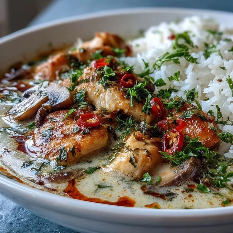 Thai Coconut Curry Soup served in a rustic ceramic bowl, topped with cilantro, red chili slices, and bright lime wedges on the side.