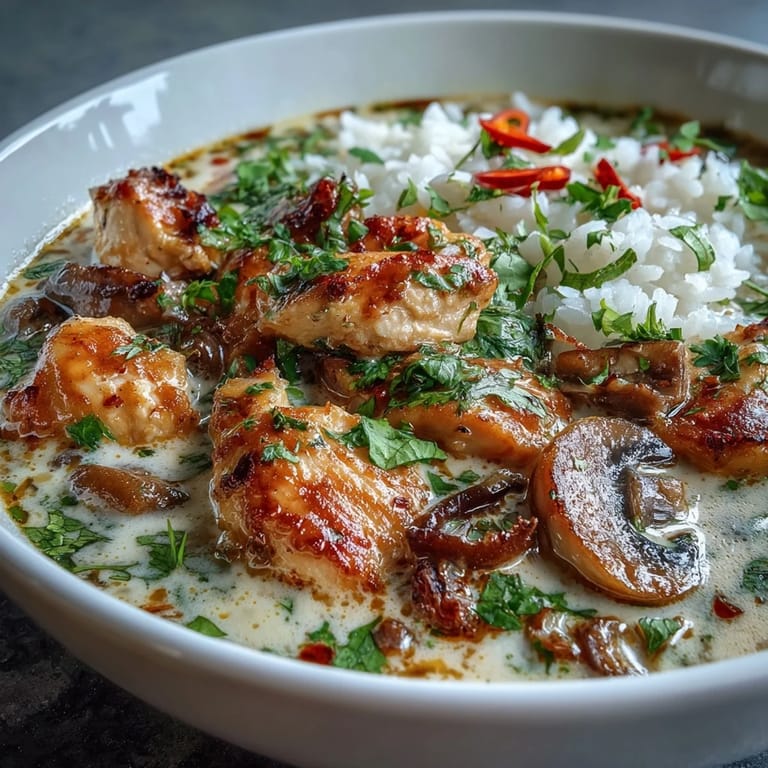 Spoon lifting a ladle of Thai Coconut Curry Soup with jasmine rice, revealing colorful vegetables and a swirl of rich red curry paste.