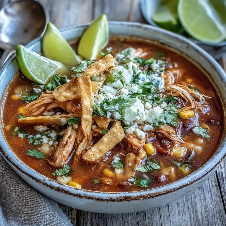 Steaming pot of Chicken Tortilla Soup with tender shredded chicken, pinto beans, and lime wedges on the side.