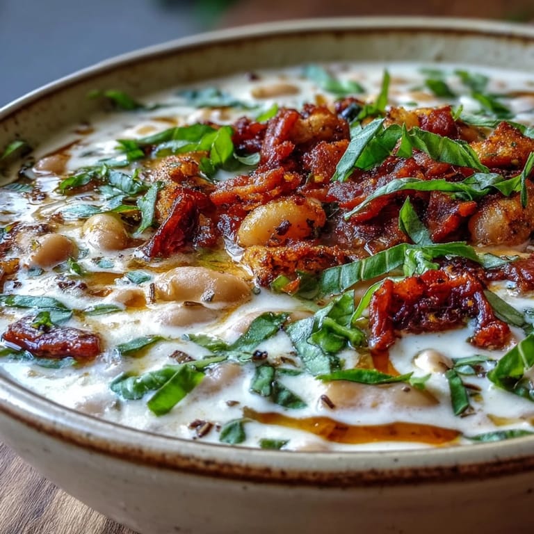 Spoon diving into a rich Creamy Tuscan White Bean Soup, revealing its velvety texture with sun-dried tomatoes visible.