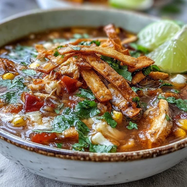 Close-up of Best Chicken Tortilla Soup revealing tender chicken, sweet corn, and red peppers in a rich, tomato-based broth.