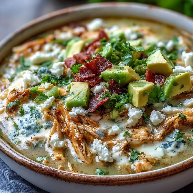 Sizzling pot of Creamy Chicken Tortilla Soup reveals tender shredded chicken, diced poblano peppers, and melty cream cheese. A spoon lifts the rich broth, showcasing the thick, creamy texture. Great for cozy family meals or cold evenings.