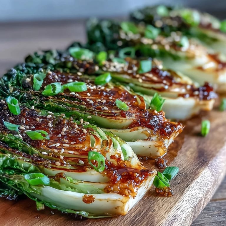 Miso Butter Roasted Cabbage Wedges garnished with sesame seeds and green onions, served hot