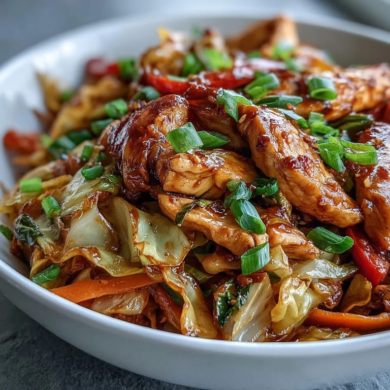 Steaming hot Chicken Cabbage Stir-Fry served in a white bowl with fluffy jasmine rice and sesame seeds on top.
