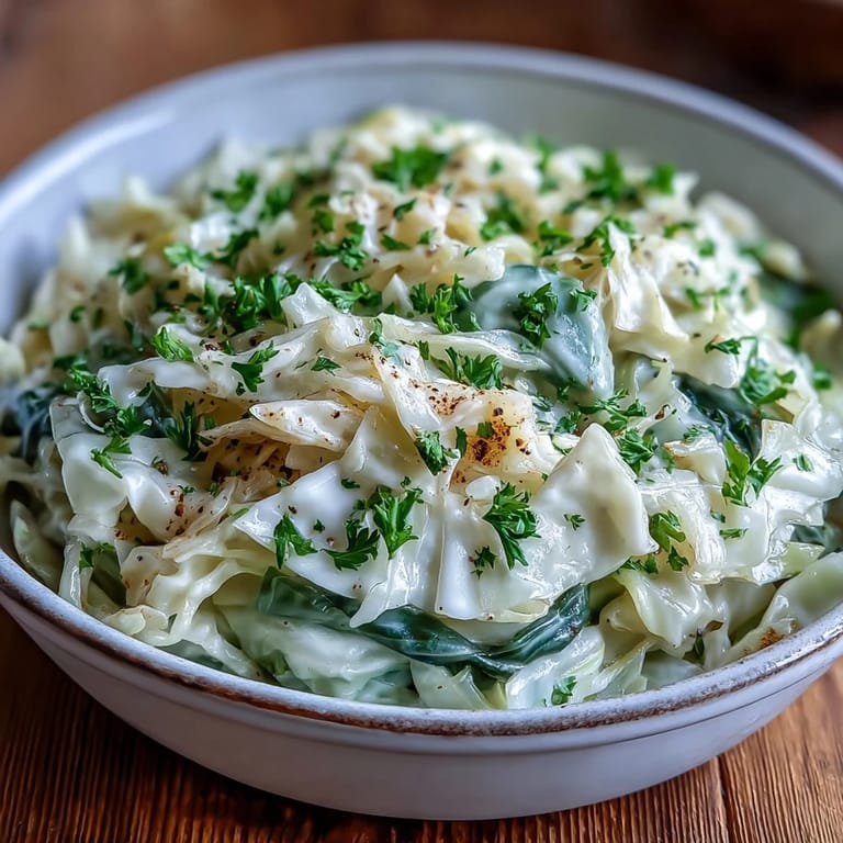 Savory Creamed Cabbage served warm from a skillet, perfect beside roast chicken or pork