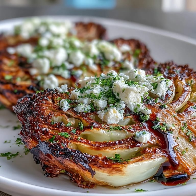 Four thick Crispy Cabbage Steaks with Feta and Balsamic glistening with balsamic glaze on a baking sheet.