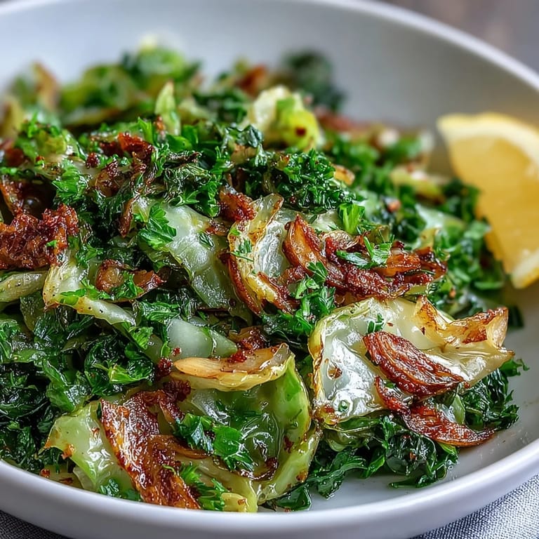 A close-up of Sautéed Cabbage With Garlic and Mediterranean Spices with tender cabbage, red onion, and lemon wedges on a plate.