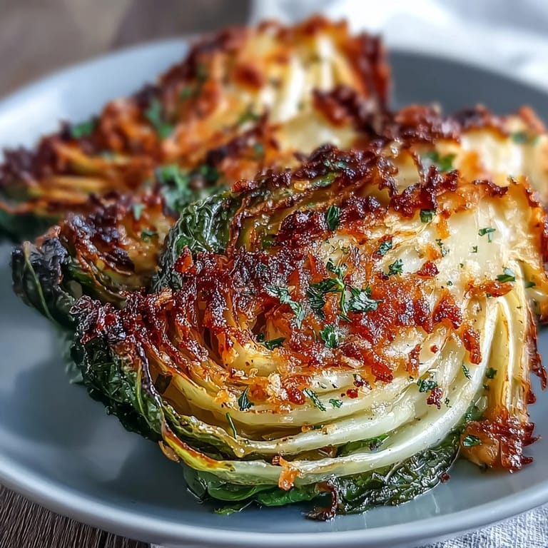 Freshly roasted Garlic Parmesan Cabbage Wedges garnished with herbs, paired beautifully with grilled chicken on a rustic wooden dinner table.