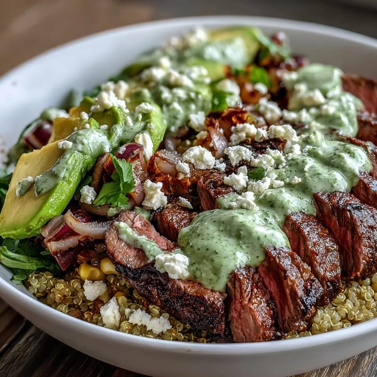 Tender slices of marinated steak rest beside charred corn kernels and avocado, ready to be mixed with cilantro cream sauce.