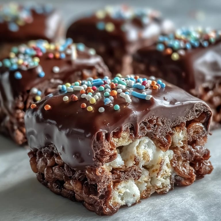 A close-up reveals a hand lifting a Chocolate Covered Rice Krispy Treat from a serving platter, highlighting the crunchy texture and melted chocolate.