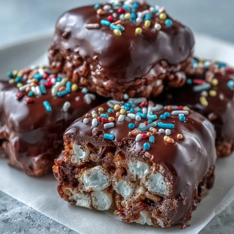 Freshly prepared Chocolate Covered Rice Krispy Treats stacked on a marble countertop, accented with vibrant sprinkles for a festive party dessert.