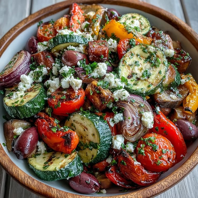 Aromatic roasted Mediterranean Greek vegetables straight from the oven, garnished with herbs and feta for a vibrant vegetarian main.