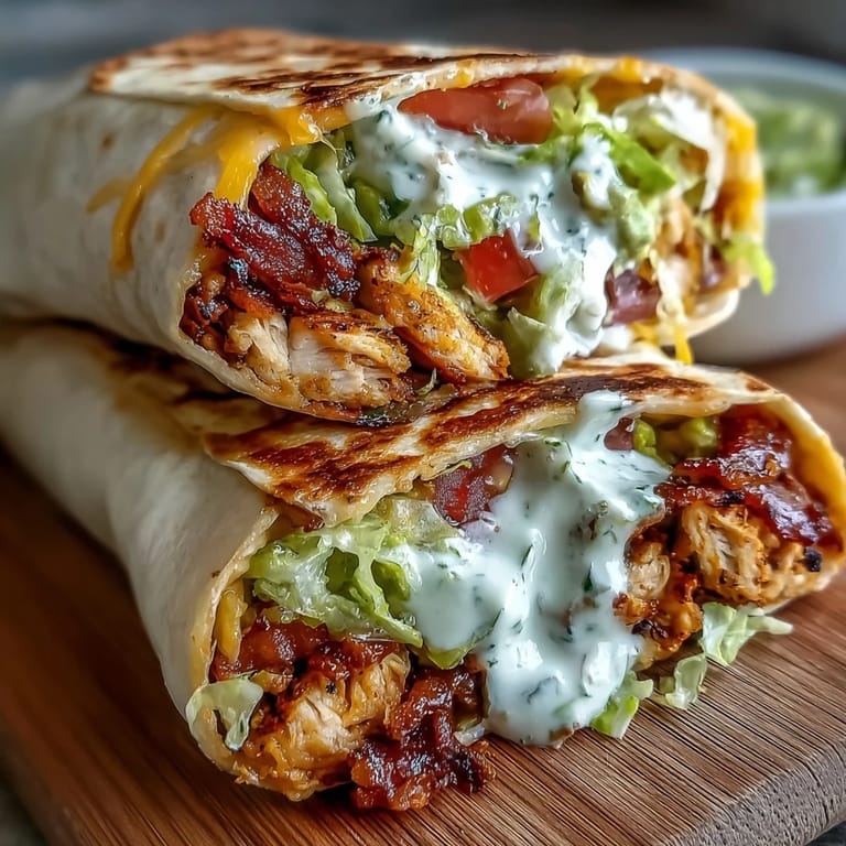 A freshly assembled Crispy Chicken Bacon Wrap filled with smoky bacon strips, avocado slices, and creamy sauce.