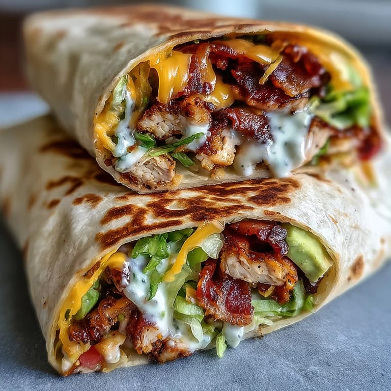 Crispy Chicken Bacon Wrap cut in half, showing juicy chicken, shredded cheese, and fresh veggies inside.