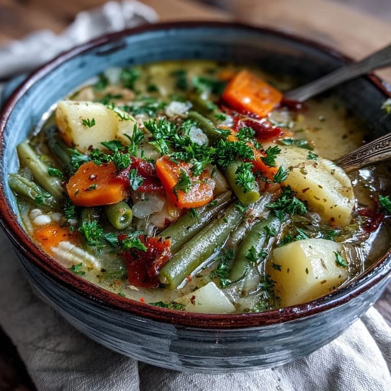 Homemade Amish Snow Day Soup in a rustic mug, topped with fresh parsley, surrounded by fresh thyme and chopped veggies.