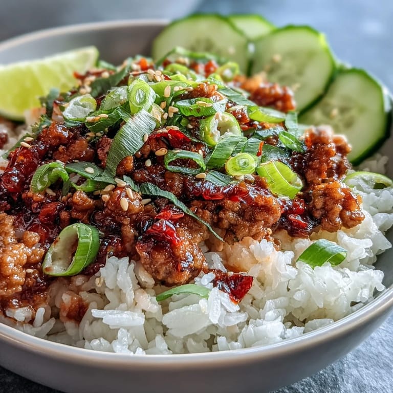 Spicy bang bang sauce drizzled over fluffy rice bowls filled with ground turkey, carrots, cucumbers, and red cabbage.
