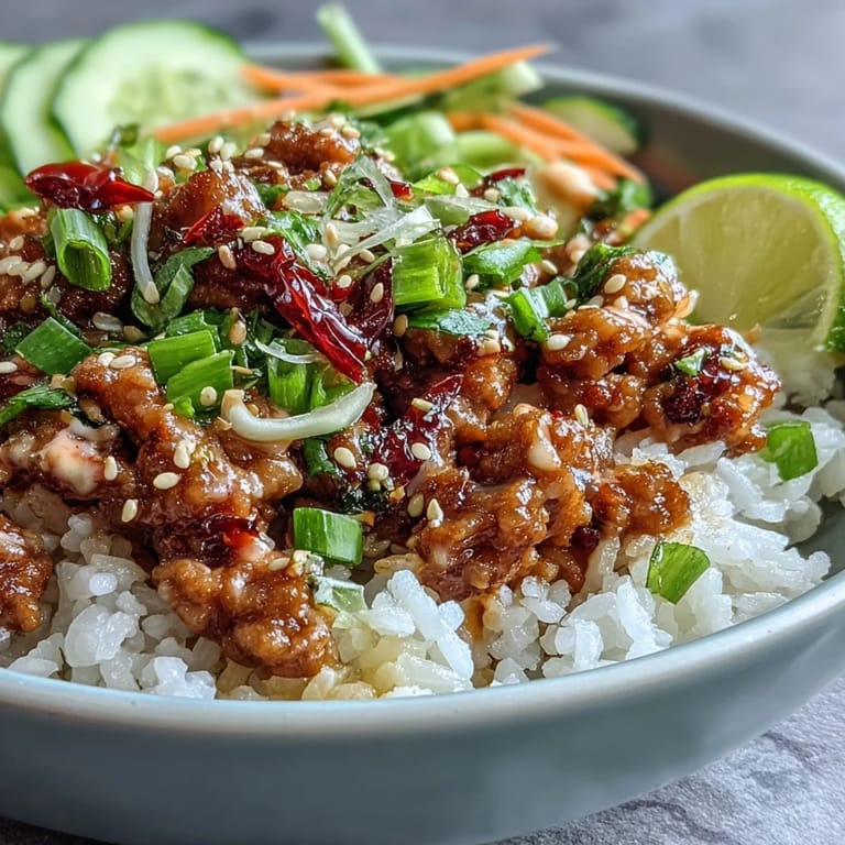 Savory ground turkey sizzles in tangy chili mayo, served over rice with scallions, sesame, and lime for a fresh finish.