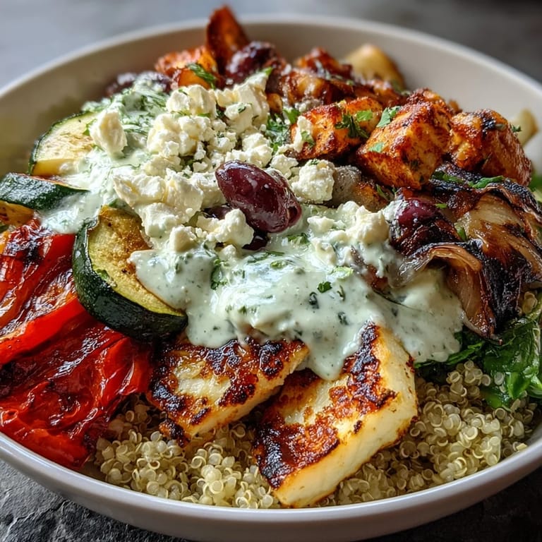 Close-up of the Healthy Grilled Mediterranean Bowl showing juicy grilled halloumi, smoky eggplant, and fresh cucumber garnish on a bed of fluffy quinoa.