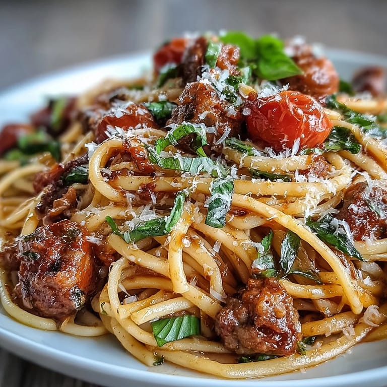 A plated serving of Italian Drunken Noodles pairs juicy shrimp, cherry tomatoes, and a rich red wine sauce with a lemon wedge.