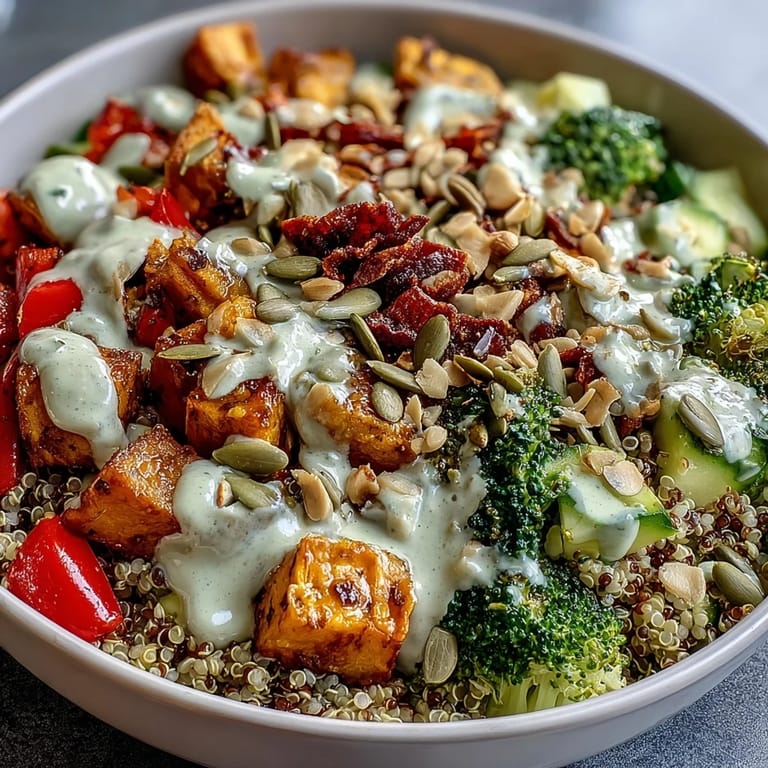 A close-up of the Week-Long Power Bowl, drizzled with creamy tahini dressing and garnished with pumpkin and sunflower seeds.  