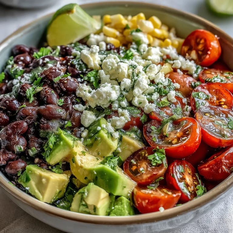 Top-down view of a colorful Black Bean and Veggie Bowl, featuring black beans, sweet corn, and a zesty lime dressing.