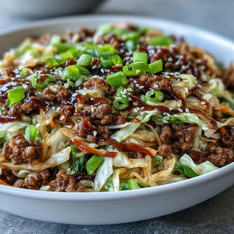 A steaming skillet of Egg Roll in a Bowl, featuring seasoned ground turkey, crisp cabbage slaw, and a savory sesame sauce.