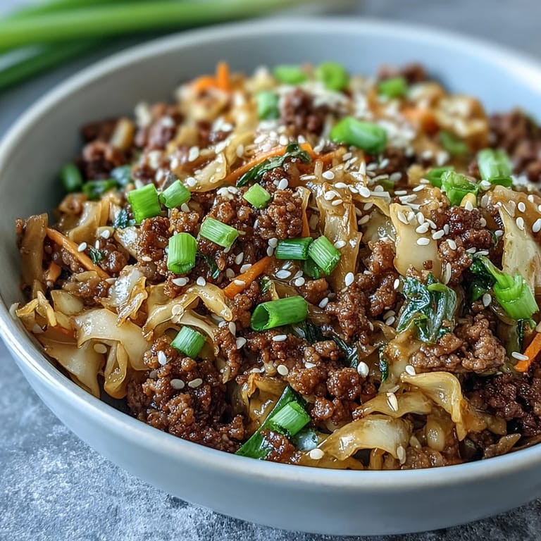 A serving of Egg Roll in a Bowl topped with sesame seeds and sliced green onions, ready to eat as a low-carb meal.