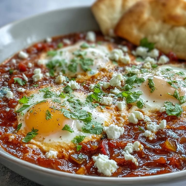Colorful Shakshuka Bowl featuring runny egg yolks and vibrant peppers, garnished with fresh cilantro and crumbled feta cheese.
