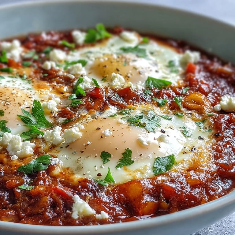 A close-up view of a hearty Shakshuka Bowl, steam rising from the rich sauce as a slice of pita is ready to dip.