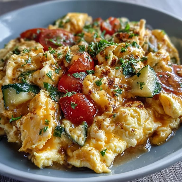 A top-down view of a Scrambled Egg and Veggie Bowl, showcasing vibrant red peppers, spinach, and tomatoes mixed with creamy scrambled eggs.