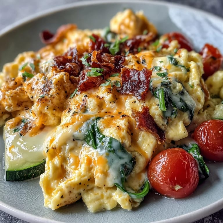 A hearty Scrambled Egg and Veggie Bowl ready to eat, featuring golden eggs, seasonal vegetables, and melted cheese for a perfect American breakfast.