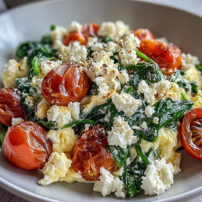 A vibrant spinach and feta breakfast bowl featuring juicy cherry tomatoes and parsley garnish on a rustic wooden table.
