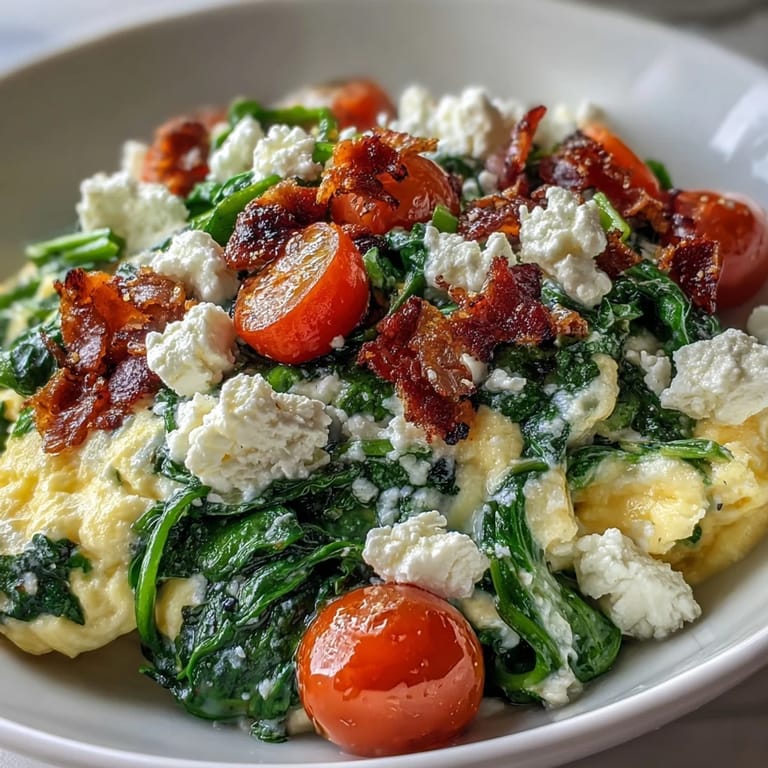 Steaming spinach and feta breakfast bowl with golden scrambled eggs, sautéed greens, and a side of crispy whole grain bread.