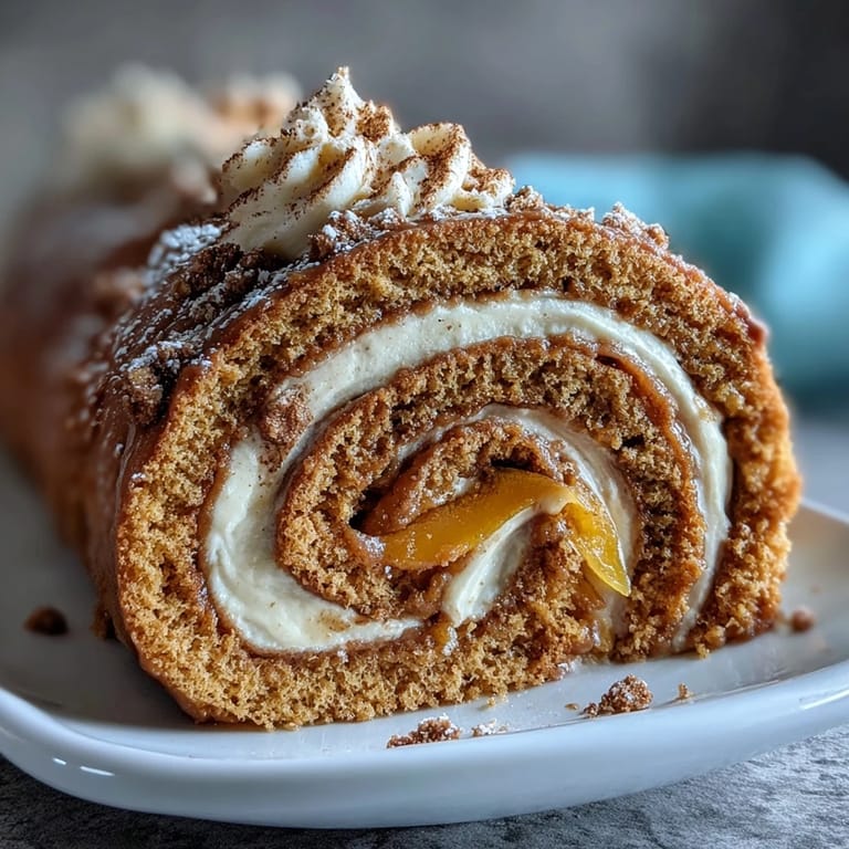 A finished Hojicha Roll Cake wrapped in parchment, showcasing a tender brown sponge filled with aromatic hojicha cream and mango slices.