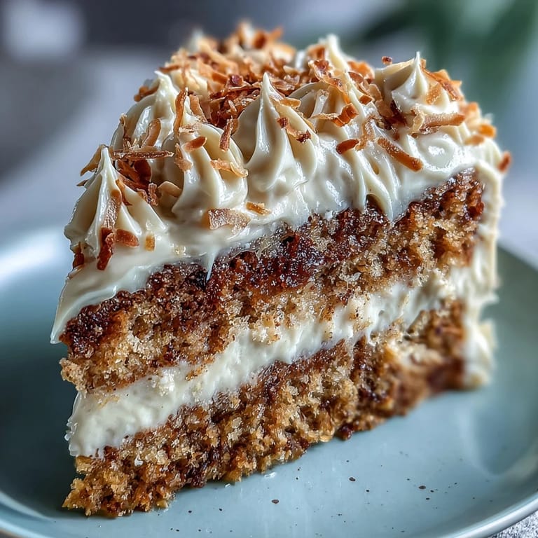 Close-up of a Vegan Hojicha Latte Cake topped with fluffy coconut frosting and a dusting of hojicha powder, ready to serve.