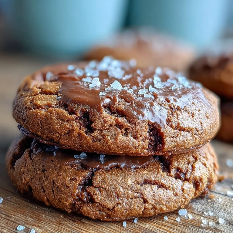 Gooey-centered Hojicha Brown Butter Cookies with melted butter pools and nutty aromas are displayed on a rustic baking sheet.