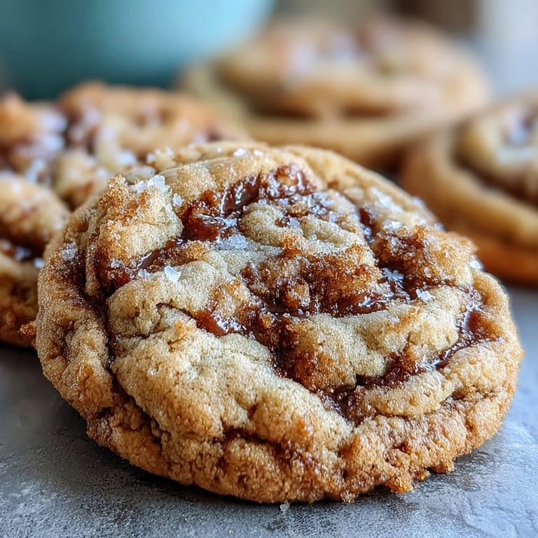 Freshly baked Hojicha and Brown Butter Cookies are sprinkled with flaky sea salt on a rustic wooden board.
