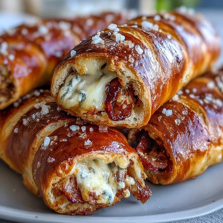Eight golden Soft Baked Cheesy Pretzel Dogs are arranged on a rustic wooden board.