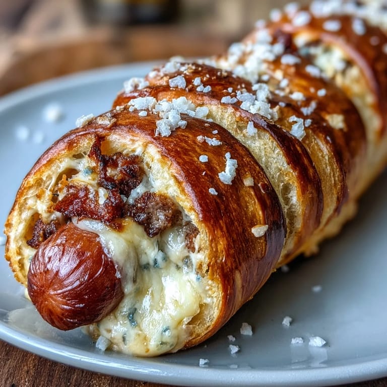 A close-up of a Soft Baked Cheesy Pretzel Dog reveals gooey cheddar and a soft pretzel crust.