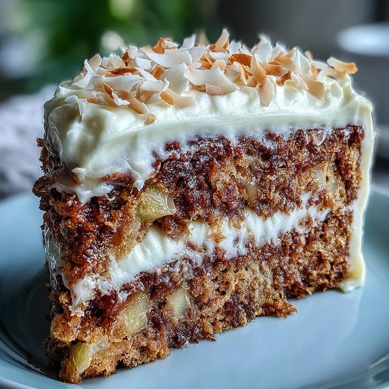 A slice of Christmas Hawaiian Carrot Pineapple Cake shows fluffy crumb, pineapple chunks, and shredded carrots on a ceramic plate.