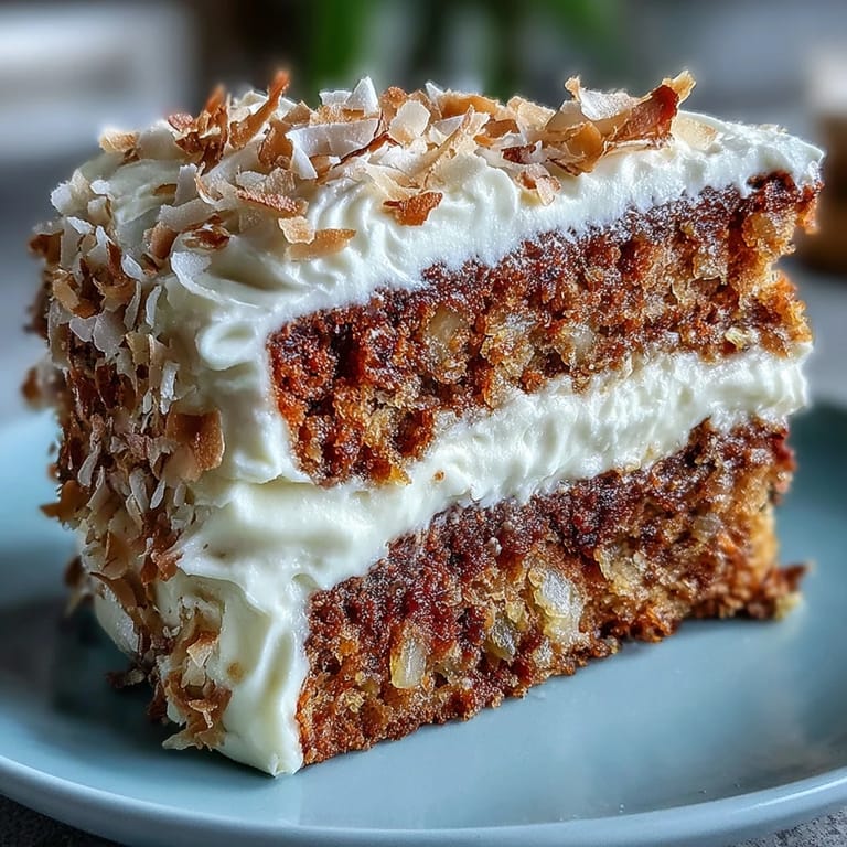 Frosted Christmas Hawaiian Carrot Pineapple Cake topped with toasted coconut and sliced pecans, served with coffee for a festive dessert.