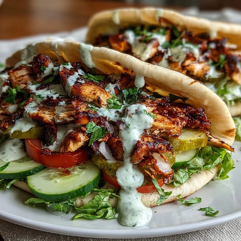 Golden-brown marinated chicken strips piled high on fluffy pita bread, drizzled with creamy garlic tahini sauce.