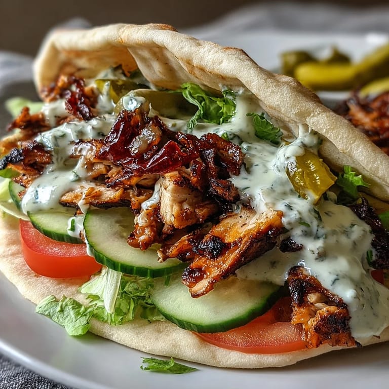 Homemade Middle Eastern chicken shawarma wrap served with tangy pickles and vibrant vegetables, ready to eat.