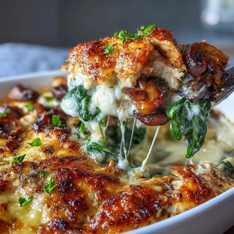 Close-up of a hearty Chicken Spinach & Mushroom Low Carb Oven Dish in a glass casserole pan, featuring melted cheese, vibrant green spinach, savory mushrooms, and chunky chicken in a rich, creamy sauce.