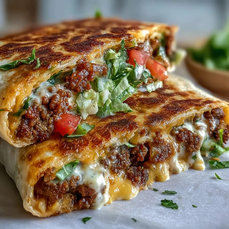 Sizzling Keto Crunchwraps cooking in a skillet, featuring gooey cheese sauce and colorful diced tomato and lettuce garnish.