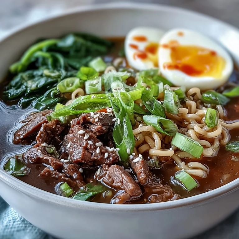Overhead view of Slow Cooker Beef Ramen Noodles featuring ramen noodles, broth, and savory garnishes in a ceramic bowl.