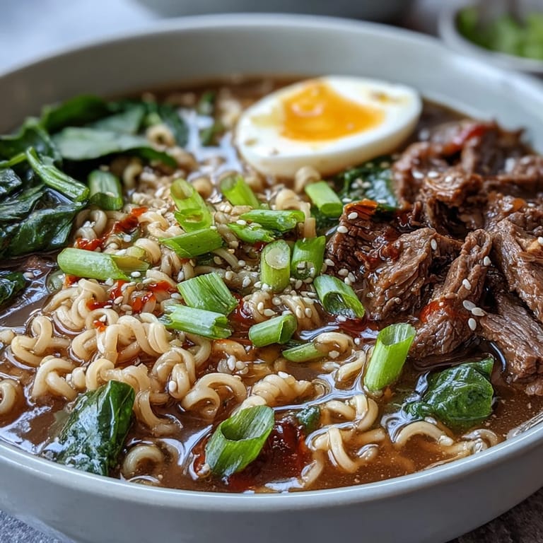 A spoon lifts tender beef from Slow Cooker Beef Ramen Noodles garnished with soft-boiled eggs and chili oil.