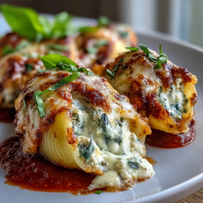Baked Pesto Chicken Stuffed Shells Lite served hot in a ceramic dish garnished with basil.