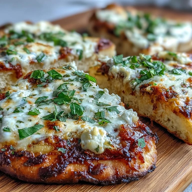 The finished Garlic Naan Margherita Pizzas with melted cheese and vibrant red marinara sauce. 
